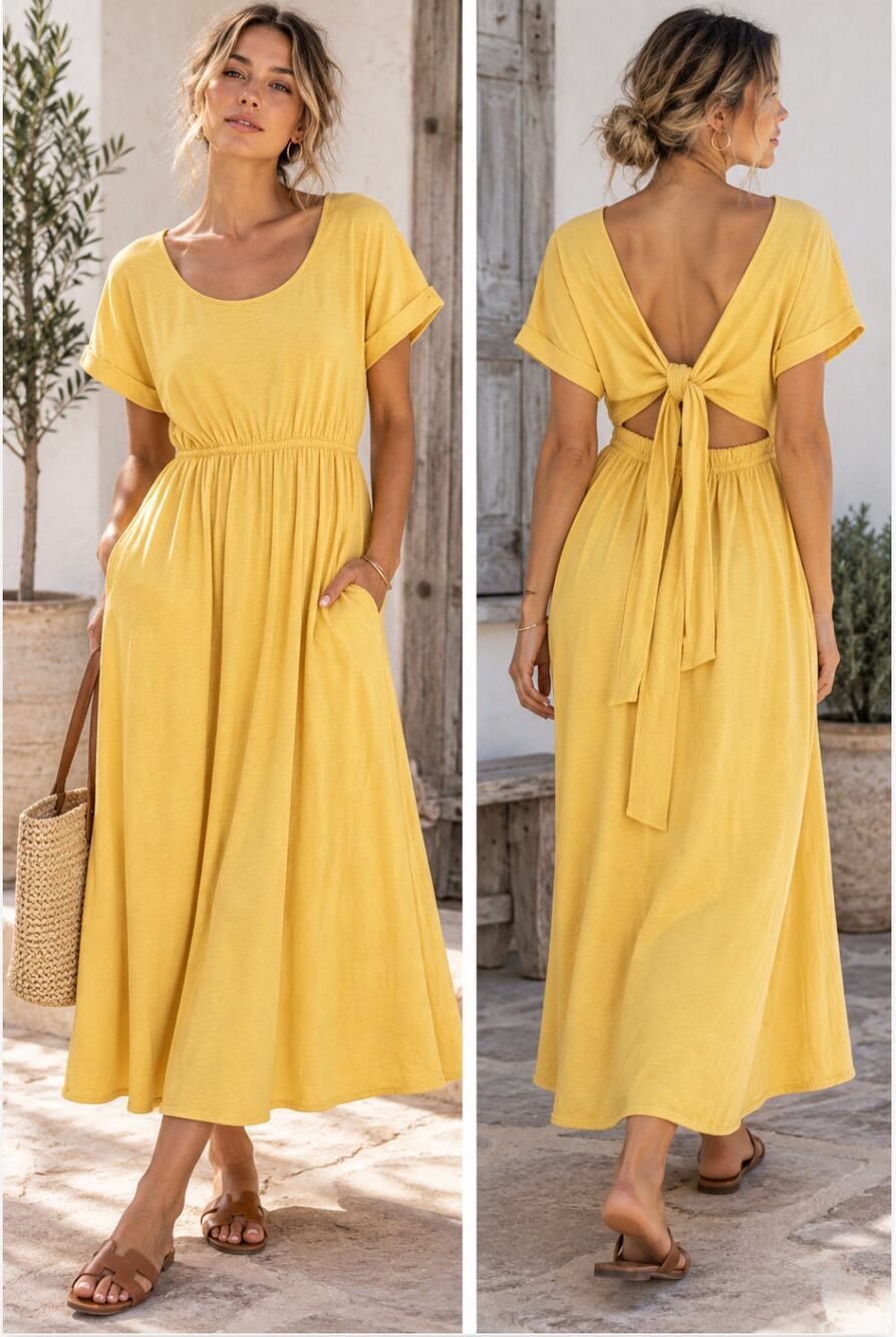 Free People FP Beach Sorrento Midi Dress Yellow Tie Back NWT Size L Boho Resort